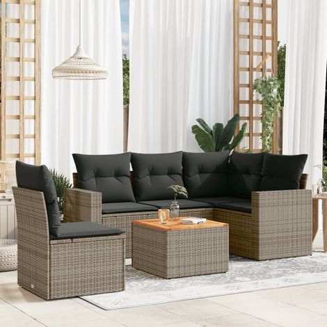 Set de muebles de jardín 6 pzas y cojines ratán sintético gris vidaXL (1/5)