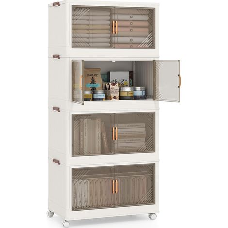 GOPLUS Boîte de Rangement Empliable, Portes Transparentes & 4 roulettes Universelles, Armoire Pliable en PP avec Convercle pour Stockage & Présentation, pour Salon, Chambre (65 CM4 Boîtes) (1/5)