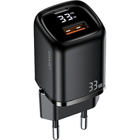 Cargador de pared USB-C/USB negro de 33 W con Power Delivery de USAMS y carga rápida. (1/5)