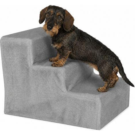 lionto Hundetreppe, weich gepolstert & gelenkschonend, rutschfest & stabil, mit abnehmbarem Plüschbezug, 46x36x34 cm, hellgrau
