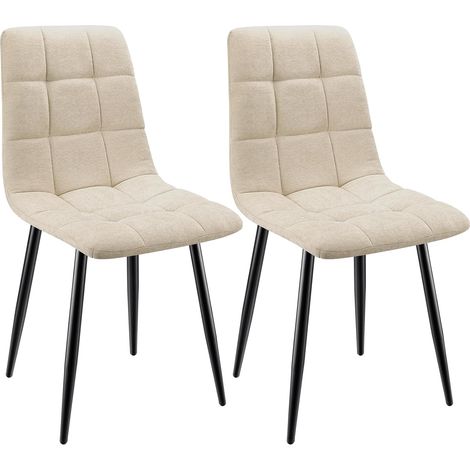 Lewe – Lot de 2 chaises de salle à manger rembourrées – Dossier haut en lin beige – Pieds en fer forgé – Confort optimal pour repas familiaux