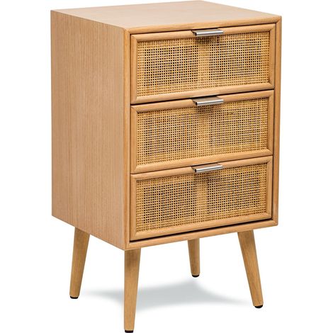 Nordlys – Commode scandinave en bois hêtre 3 tiroirs cannage rotin – Dimensions 42x36x71 cm – Finition effet chêne – Bois certifié FSC (1/5)