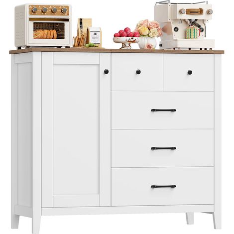 Sideboard 100×94×40 cm Küchenschrank mit 5 Schubladen 1 Tür Arbeitsplatte für Küche Wohnzimmer Flur Weiß