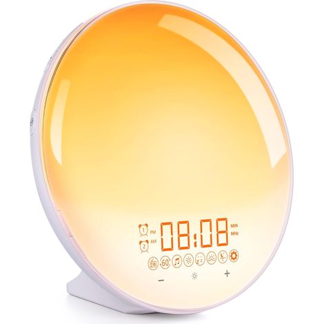 Réveil Lumineux - Simulation Lever Soleil 30 Min - Radio FM 60 Stations - Commande Tactile - 20 Niveaux Luminosité Chaude - Double Alarme - Port USB Type-C - 1 Pièce