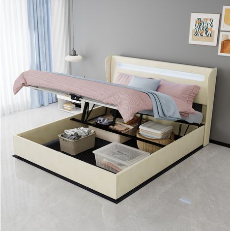 Lit rembourré moderne en tissu beige 160x200 cm avec tête de lit réglable et LED intégré, structure métal