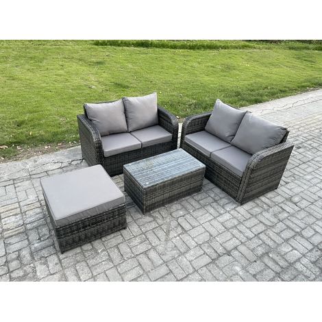 Fimous Salon de jardin en rotin avec Table basse rectangulaire grand tabouret Mélange gris foncé (1/4)