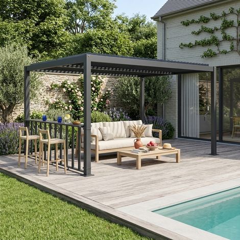 Pergola bioclimatique aluminium et acier 4x3m + bar 3m anthracite Palace (1/3)