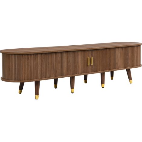 Ensemble meuble TV et table basse avec plateau relevable, portes coulissantes, finition noyer, poignées dorées (1/5)