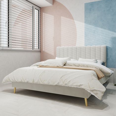Letto per adulti 140x200 cm, gambe in metallo, rete a doghe, con testiera e senza materasso, velluto, beige (1/5)