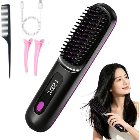 Brosse Lissante Sans Fil Mini - Lisseur Cheveux - Brosse Chauffante - Barbe Homme - USB Rechargeable - Portable Voyage (1/5)