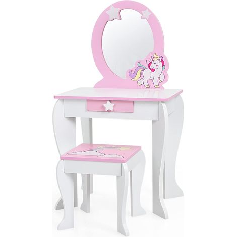 GOPLUS Coiffeuse Enfant Motif Licorne-49X34X89,5CM-Table de Maquillage avec Tabouret/Miroir Detachable,Cadeau Parfait pour Enfants-Blanc (1/5)
