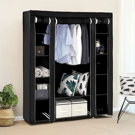 Armoire en tissu, 175 x 150 x 45 cm, armoire pliante à 3 portes enroulables, placard à linge, porte-manteau, noire (1/5)