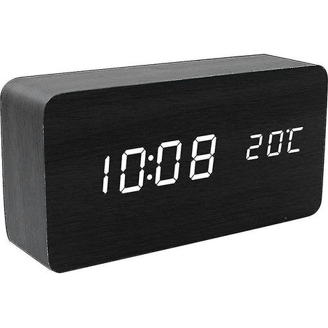 Réveil LED en bois, affichage numérique, horloge de bureau noire (1/3)