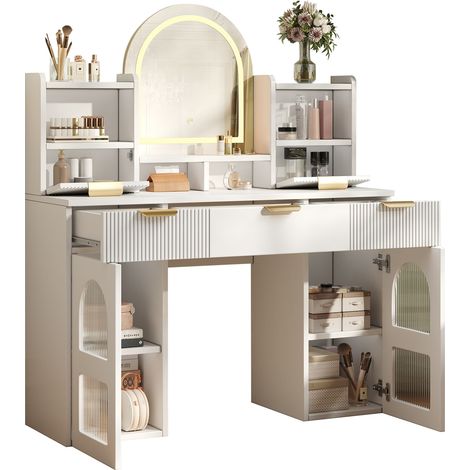 CHICFURN Toeletta con specchio LED 120x40x139,5 cm bianca in truciolare e MDF per camera da letto (1/5)