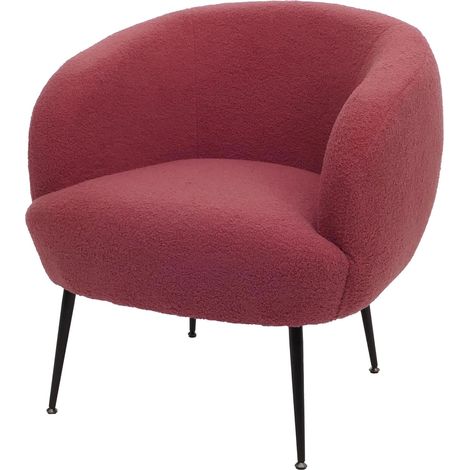 Poltrona lounge con schienale avvolgente e design arrotondato in tessuto bouclé rosso porpora con gambe in metallo 040009484