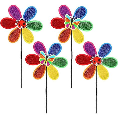 Lot de 4 moulins à vent pour jardinmoulin à vent arc-en-ciel fleuri et colorémoulin à vent pour pelouse et jardin (1/5)
