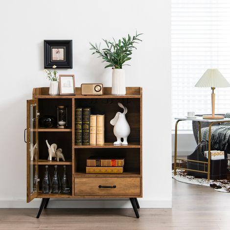 Buffet Cuisine à Porte Vitrée avec Tiroir 5 Compartiments Meuble de Rangement avec Porte-Verre Porte-Bouteilles, 80x40x95cm Naturel Maison Chic (1/4)