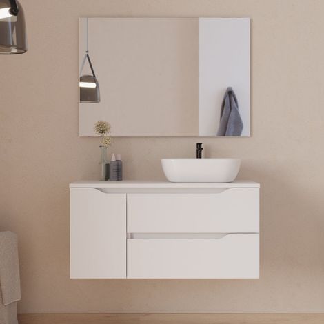 Meuble de salle de bain 100cm avec plateau, vasque à poser déportée à droite Zeus et miroir - 2 tiroirs et un placard - blanc - ZARZA