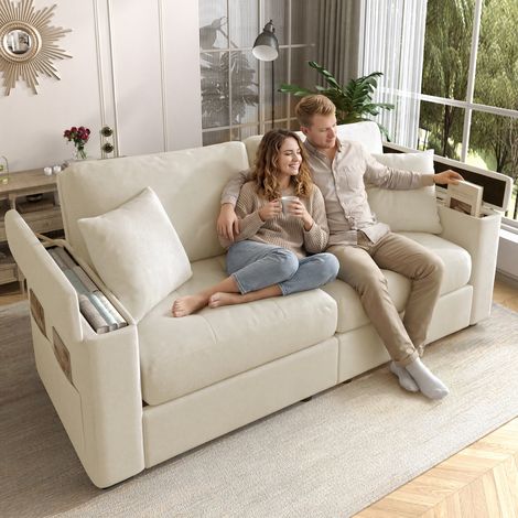 Canapé 2 places design beige 180 cm largeur, coffre de rangement dans l'accoudoir, tissu chenille doux, 2 oreillers moelleux, mousse haute résilience pour assise confortable, idéal salon moderne. (1/5)