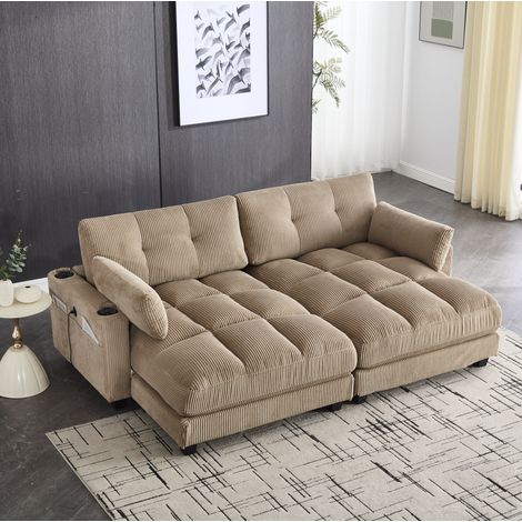 Sofá chaise longue de terciopelo acanalado color caqui, 2 plazas, modular, con USB (1/5)