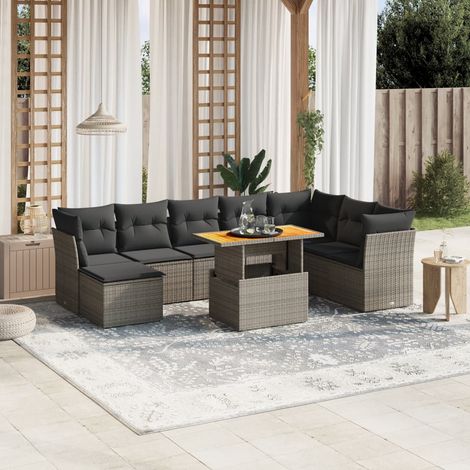 Canapé de jardin 9 pièces avec coussins gris en résine tressée, 4 sièges centraux + 3 d'angle, table à plateau réglable acacia, design modulaire pour terrasse (1/3)