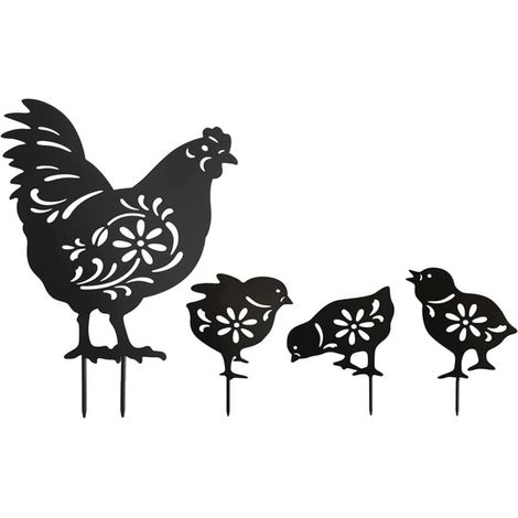 Lot de 4PIÈCES Statue de poule et poulets en acrylique Déco,Silhouette Animale Décoration jardin (1/4)