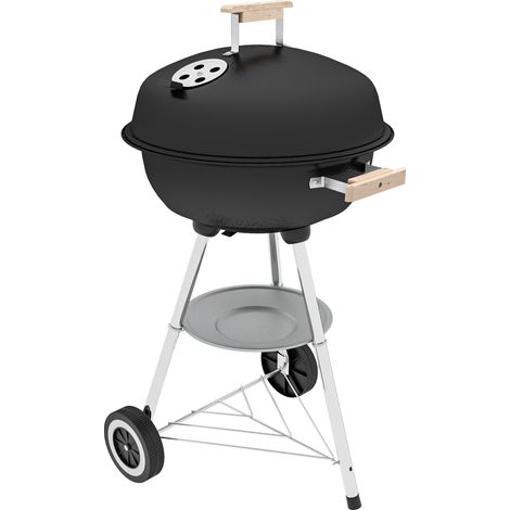 Barbecue portatile a carbone con ruote, coperchio smaltato e manici in legno – 48x56x85 cm, ideale per giardino e campeggio.