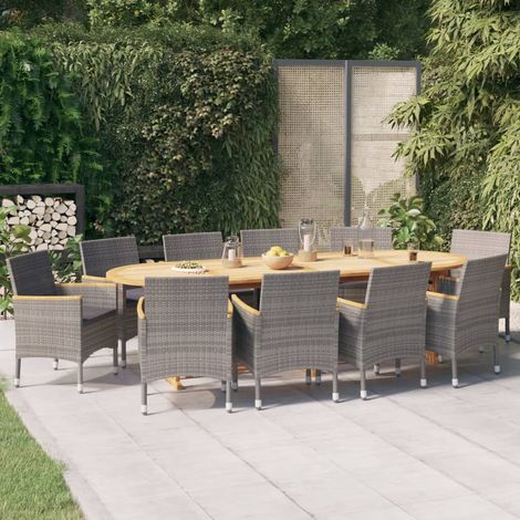 Ensemble repas de jardin 11 pièces en acacia, 10 chaises et coussins gris - PANGIVO (1/5)