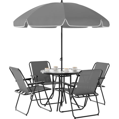 Set da Giardino 6 Pezzi con 4 Sedie Pieghevoli Ombrellone e Tavolo Rotondo Grigio e Nero (1/5)