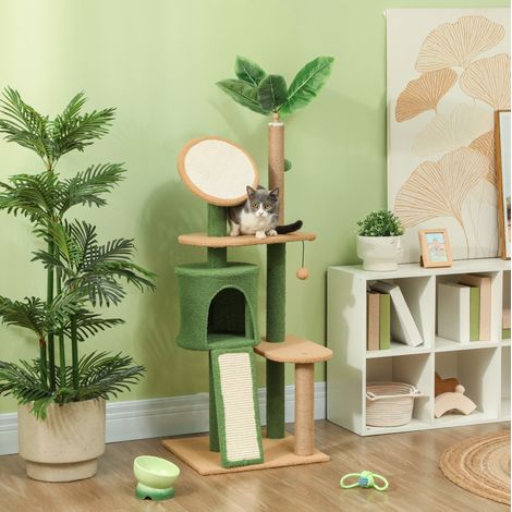 Albero per gatti 139 cm con nicchia, palline da gioco e tiragraffi in sisal verde OKMYHOME (1/5)