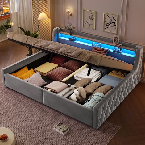 Cama plataforma de terciopelo de 140x200 con almacenamiento hidráulico e iluminación LED, color gris. (1/5)