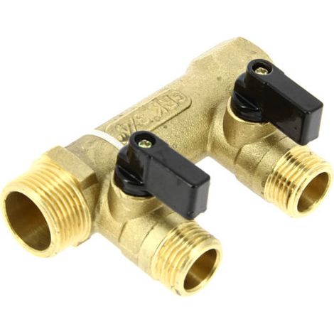 Anquier – Collecteur mâle-femelle 3/4 avec 2 départs mini-vannes moulées – Entraxe 50mm – Laiton CW617-N – Pour eau sanitaire froide et chaude
