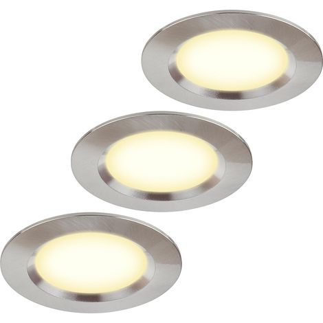 Lot de 3 spots LED encastrables ultra plats pour meubles - 12 V - 3 W - Découpe du trou : 55 mm - Avec câble de 2 m - IP44 - Pour armoires à miroir, vitrines, meubles et armoires (acier