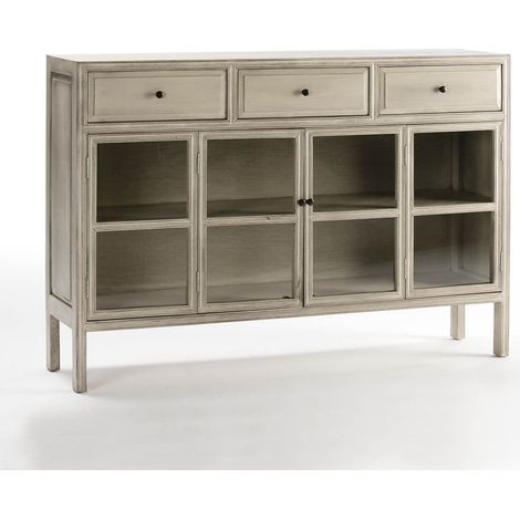 Buffet 2 portes vitrées 3 tiroirs bois massif peint gris 160cm (1/2)