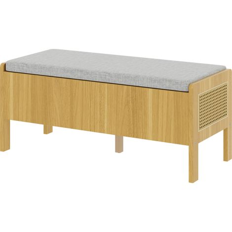 Banc de rangement avec assise en bambou et MDF, 2 tiroirs, couleur naturelle et grise, 113 x 40 x 45,5 cm (1/5)