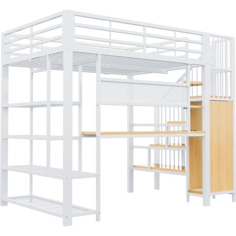 Cama alta de metal blanca 140 x 200 cm con escritorio, estantes, escalera y LED (1/5)