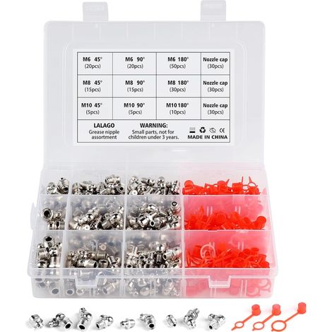 260 x Grease Nipple Assortment M6 M8 M10, Straight Grease Fitting 45° 90° 180°, Grease Fittings, Grease Tip Fasteners, Hydraulic Grease Nipple with Box (1/5)