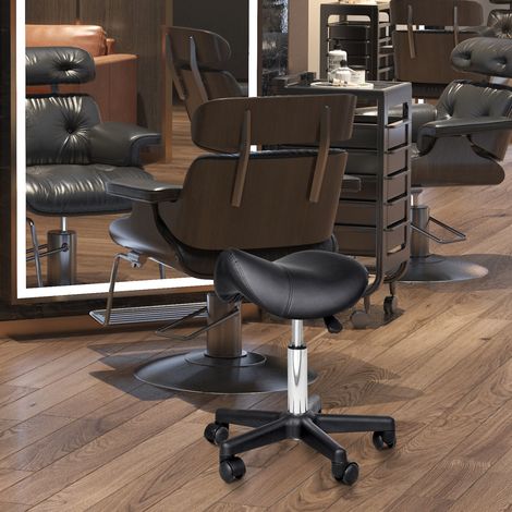 Taburete rodante regulable en altura con ruedas, asiento giratorio negro de cuero sintético (1/5)