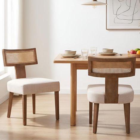 Wahson Lot de 2 chaises de salle à manger en bois massif et lin – Dossier en rotin – Hauteur d'assise 50cm – Pour restaurants et cafés, Beige
