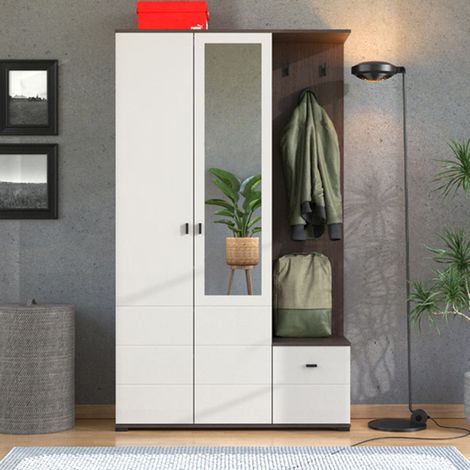 Flurmöbel Raroto, Spiegel inklusive, 4 Ablagen, Garderobe, 116x35x197h cm Cremeweiß (1/5)
