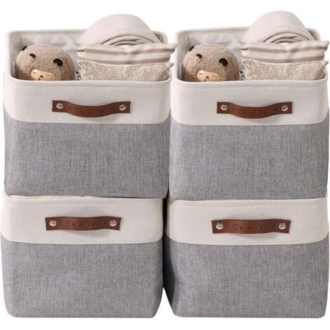 paniers de rangement pliables en tissu cationique robuste et pliable avec poignées pour étagère pour chambre d'enfant ou penderie (Gris et blanc, Large - 4 Pack)-LIAIKI