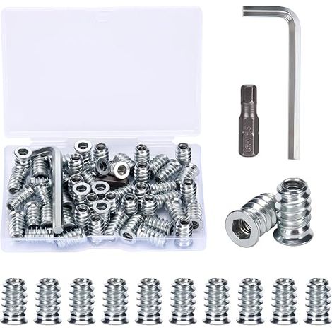20 Pièces Insert Fileté M5, M5 x 15mm Insert Fileté Bois Avec Clé hexagonale, Embout de Vissage et Boîte Transparente, Couleur Argent Inserts Hexagonaux pour Meubles en Bois (1/5)