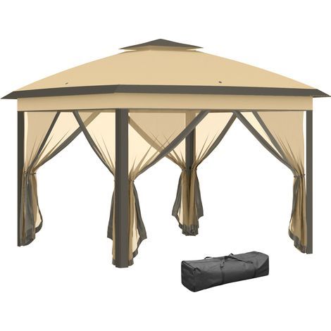 Tente pliante 3,3 x 3,3 m à hauteur réglable, double toit, 4 moustiquaires amovibles et sac de transport anti-UV, beige
