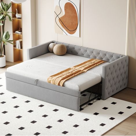 DESVIAE Canapé lit gigogne rembourré 90 x 200 cm en velours gris clair avec sommier à lattes lit d appoint multifonction pour salon chambre d amis et petit espace (1/5)