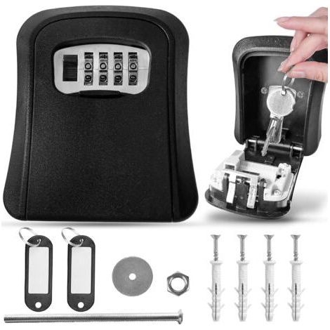 Coffre-fort pour clés avec code + 2 porte-clés avec porte-étiquette Coffre-fort clés extérieur. boîte à combinaison sécurité pour extérieur de maison. hébergements touristiques. etc. (1/5)
