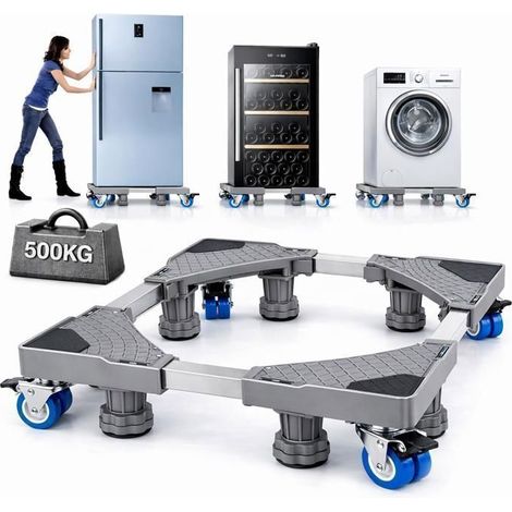 Support Machine a Laver, Ajustable Socle Lave Linge avec 4 Roues et 8 Pieds, Base Machine à Laver Charge 500kg, 42x68x12cm (1/5)
