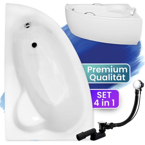 Badewanne Eckbadewanne 150x100 Links mit AcrylSchürze, Ablaufgarnitur & Füßen GRATIS - Komplettset 4in1 Original Acryl Wanne Siphon - BADLAND NATALIA (1/5)