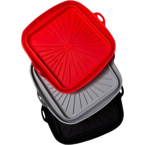 Moule Silicone Air Fryer, 3 Pièces Moule Panier Friteuse à Air Chaud Réutilisable Airfryer Plat Carré Pliable Doublure Liners pour Friteuse Air, Micro-ondes, Four (Rouge+Noir+gris) (1/5)