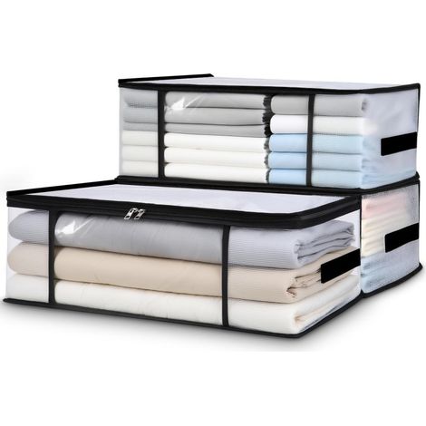 Juego de 3 bolsas transparentes de 35 L para guardar ropa: para debajo de la cama o el armario, funda nórdica, organizador de armario, plegables con cremallera y asas.