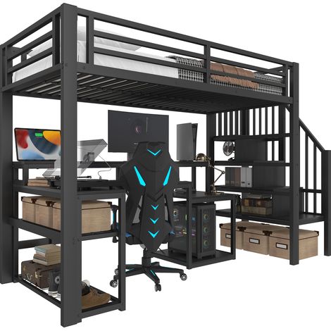 Letto A Soppalco 90 x 200 Cm Con Scrivania, USB, LED Regolabile E Scaffali, Senza Materasso, In Metallo, Nero (1/5)